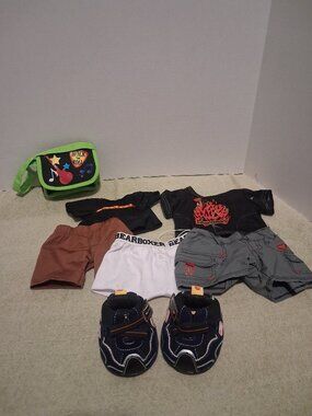Build A Bear/Webkinz Lot of 7 Clothes, Skechers Shoes, & Bookbag READ!!